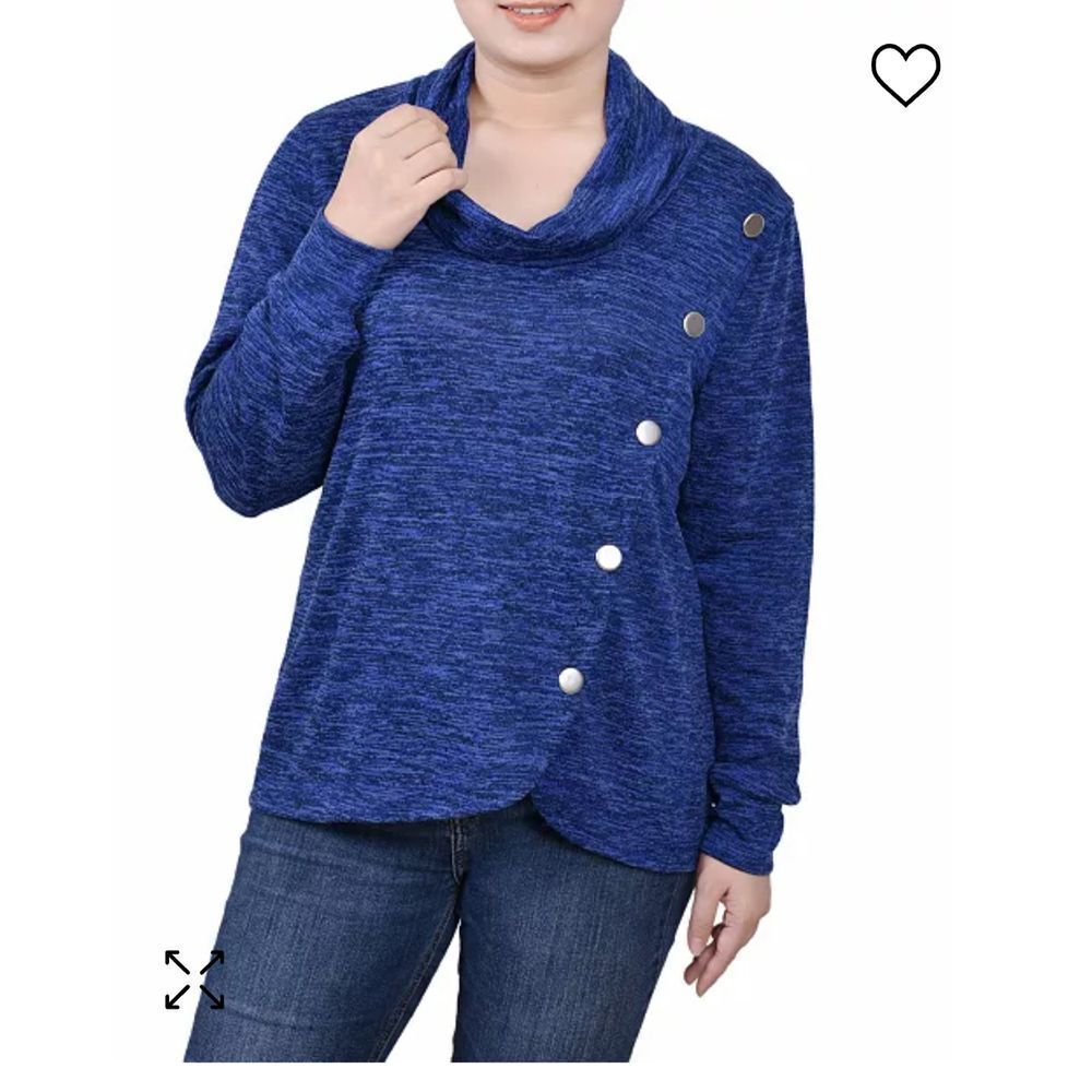 NY Collection Womens Long Sleeve Cowl Neck Pullover with Buttons Royal M Sweater